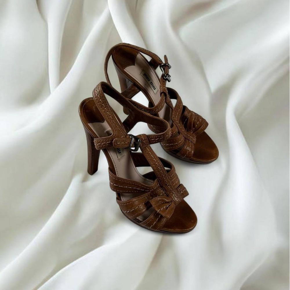 Miu Miu leather T-strap heeled sandals peep toe bow detail y2k designer boho